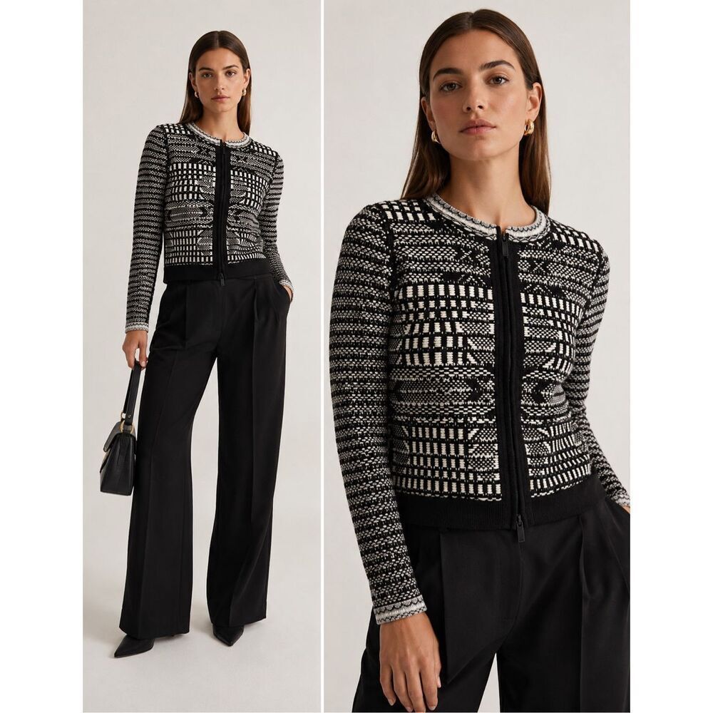 Karen Millen Jacquard Geometric Print Front Zip Cardigan Black, White Size 1